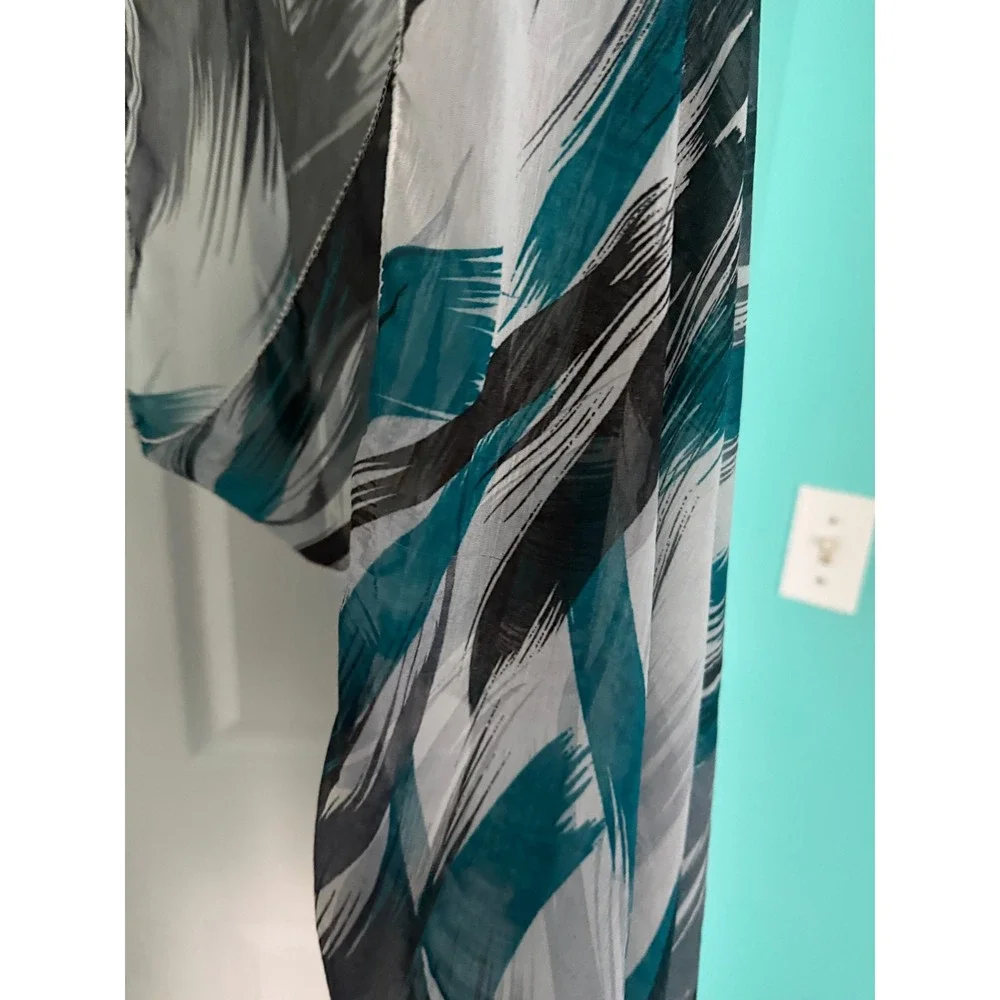 Teal Grey Abstract Brushstroke Sheer Chiffon Oversized Scarf Wrap Sarong